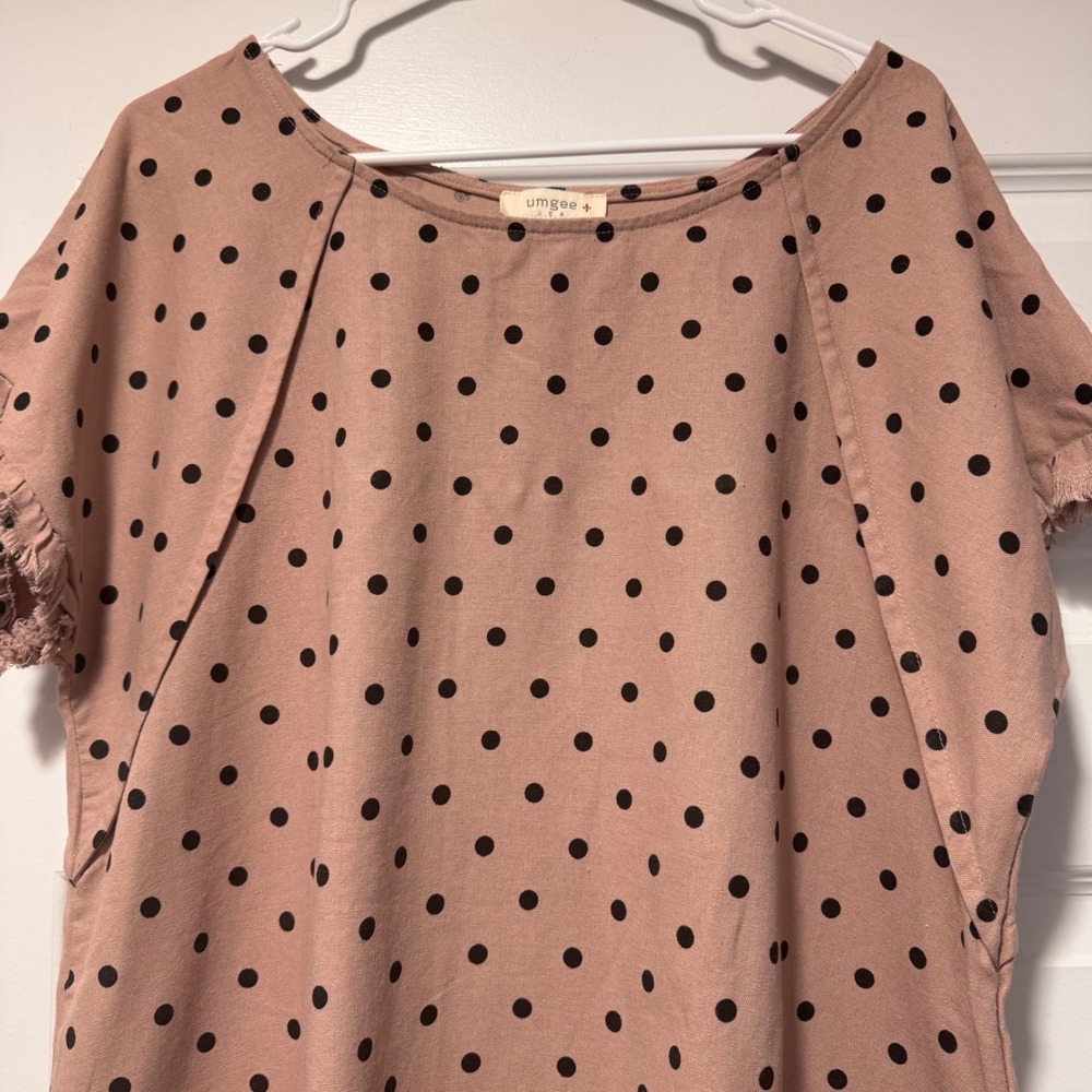 Umgee Polka Dot Linen Cotton Fringe Trim Tunic Top XL Dusty Rose Black - Picture 5 of 9